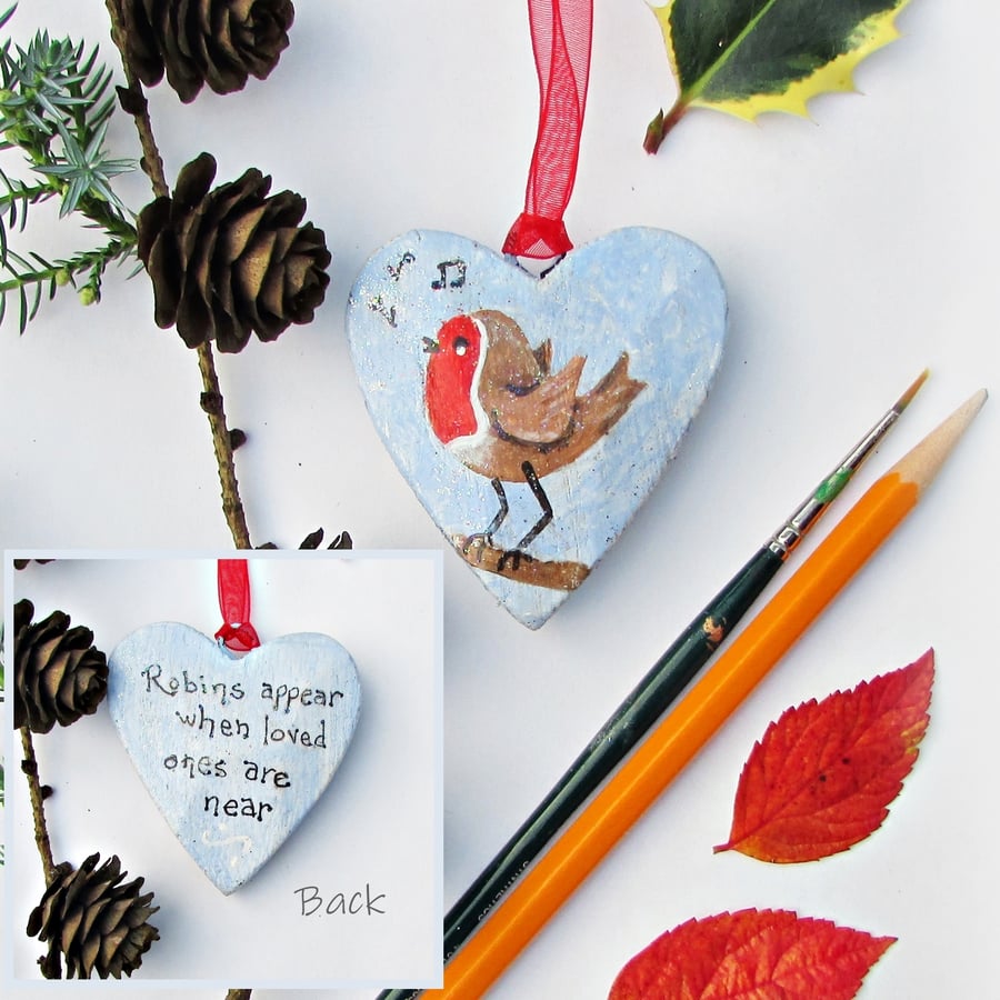 Hanging Heart, Robin wooden heart, Robins appear heart