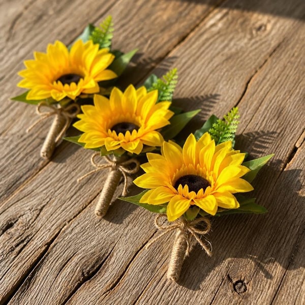 Artificial Sunflower Buttonhole – Rustic Wedding Boutonniere