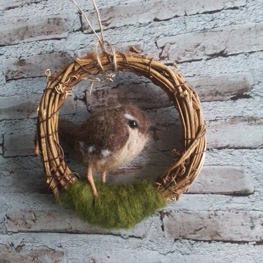 Needlefelted wren in mini vine wreath home decoration 