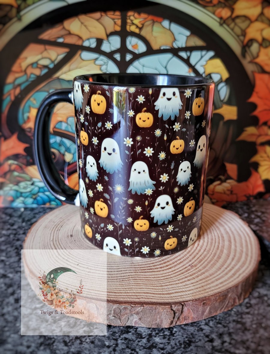 Cutesy ghost and pumpkin 11oz mug 