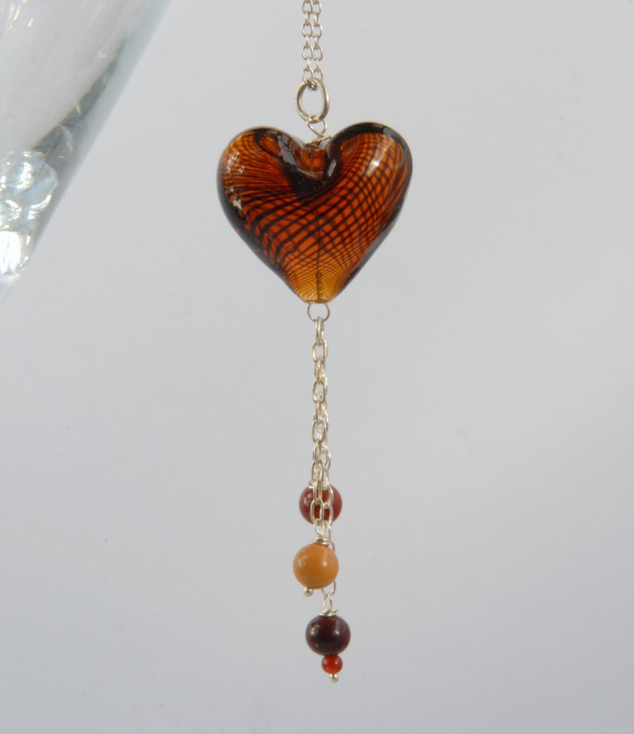 Dangly brown blown glass heart necklace (valentines)