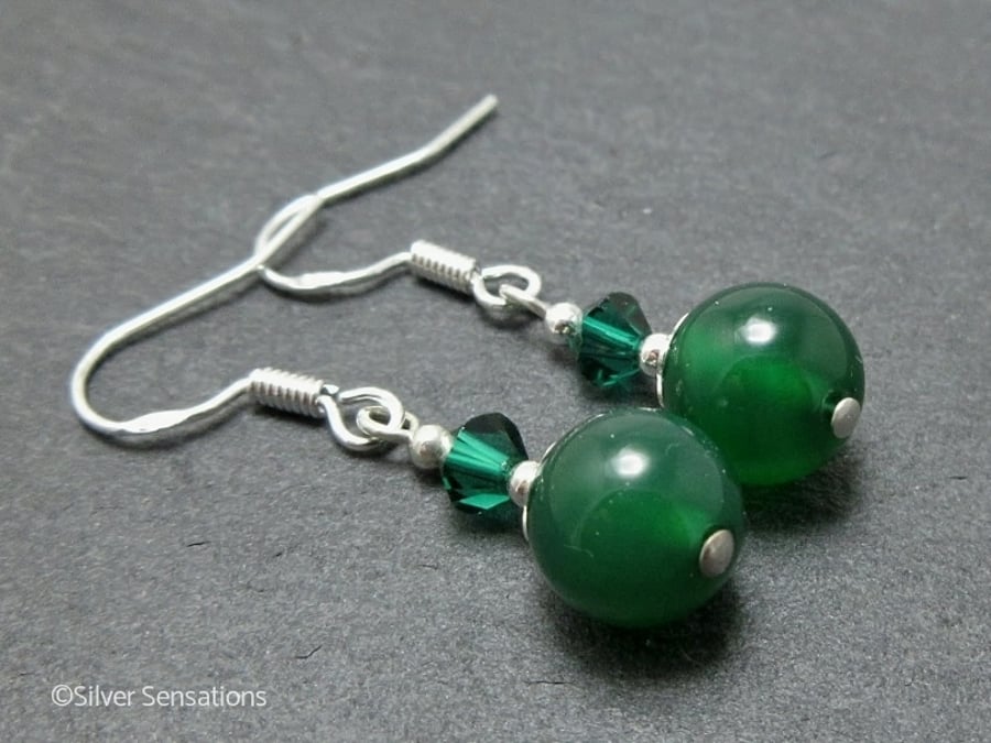 Green Onyx Beaded Drop Earrings With Sparkly Crystals & Sterling Silver