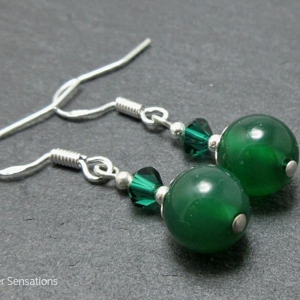 Green Onyx Beaded Drop Earrings With Sparkly Crystals & Sterling Silver