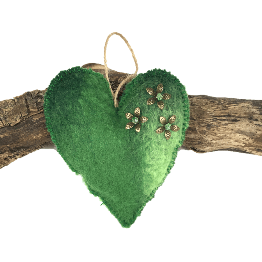 Green lavender scented padded hand felted hanging heart - SALE