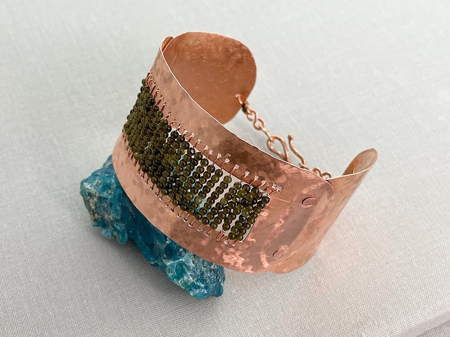 Hammered Copper Riveted Cuff Bracelet Channel Set with Golden Obsidian 