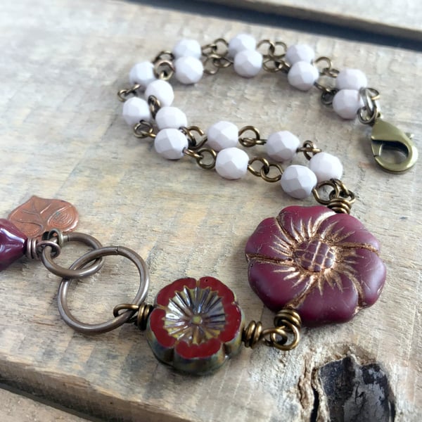 Rustic Burgundy & Pink Flower Bracelet. Multi Strand Czech Glass Bracelet