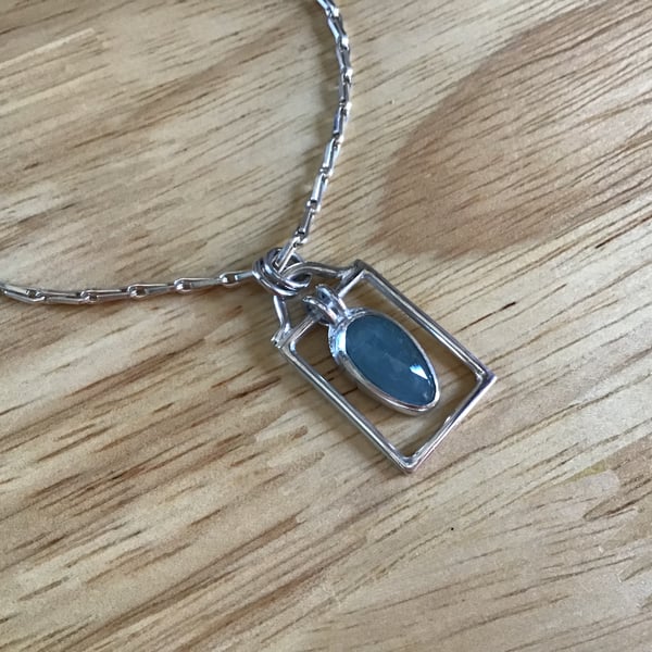 Aquamarine Sterling and Fine silver framed birthstone gemstone pendant necklace