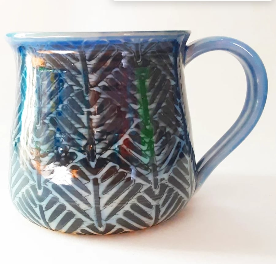Blue Patterned Mug - Hand Thrown Stoneware Ceramic Mug