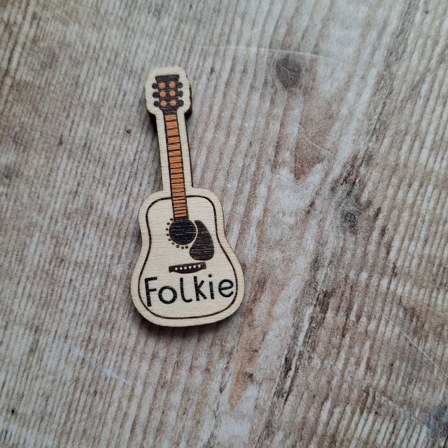 Folkie Guitar Wooden Pin Brooch