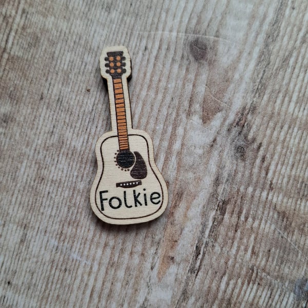 Folkie Guitar Wooden Pin Brooch