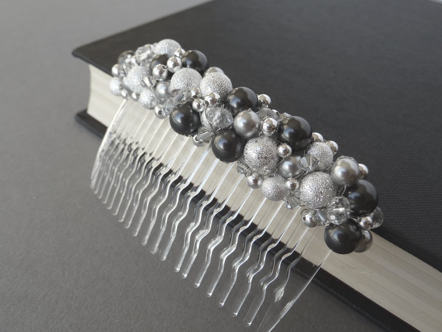 Dark Grey Stardust Hair Comb - Pearl and Crystal Fascinator - Hair Accessories