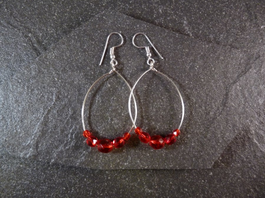 Large Hoop Earrings - Red Faceted Glass - 40mm - Sliver Colour