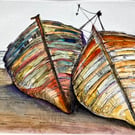 Original watercolour of old Fishing Boats on a beach 