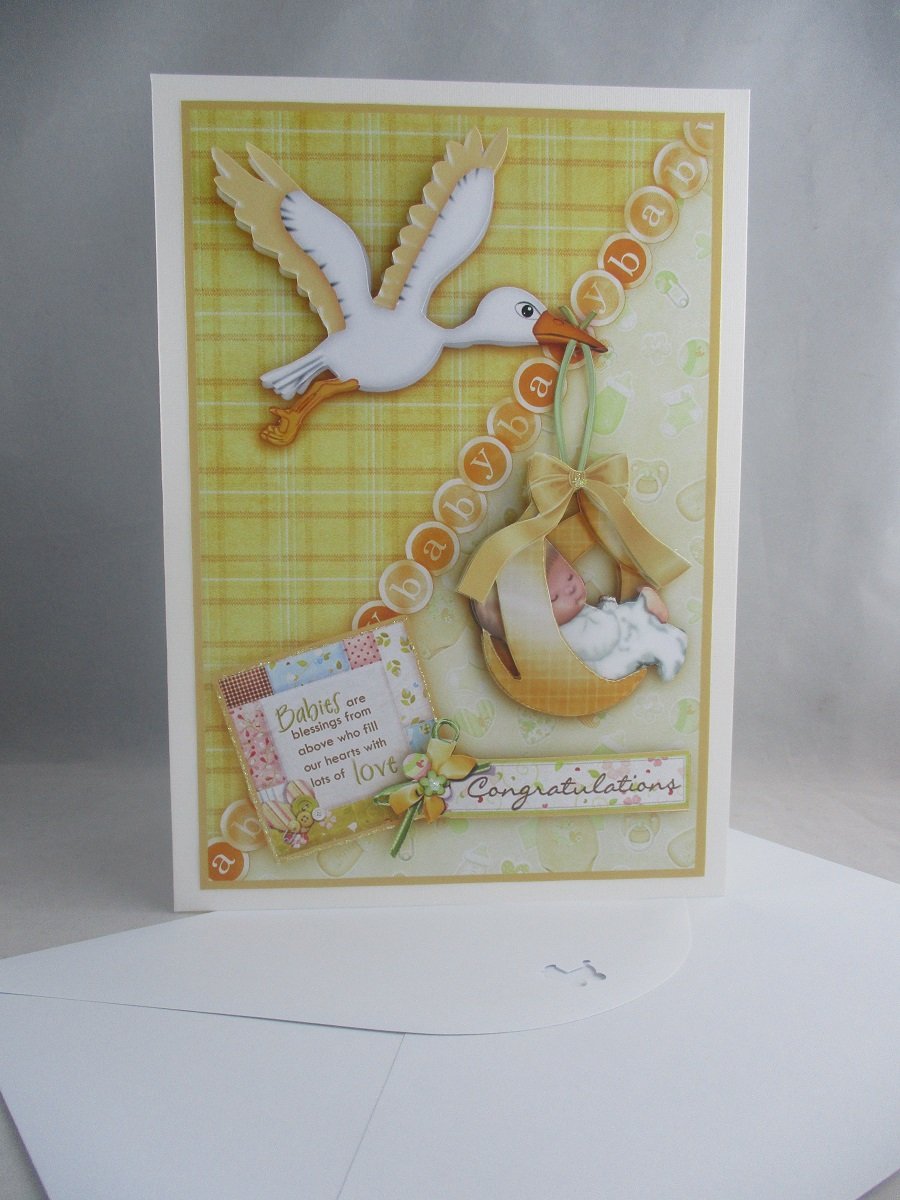Birth of Baby 3d, decoupage Greeting Card, Stork, neutral colour,personalise