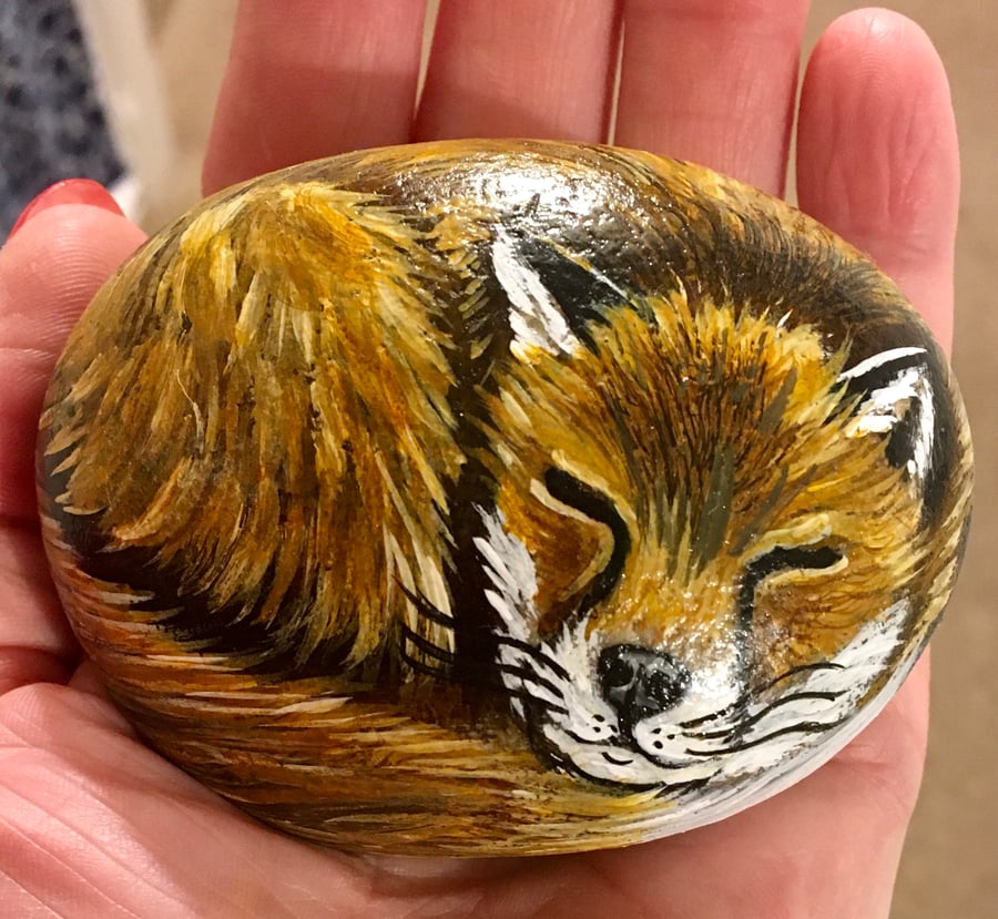 Fox hand painted pebble garden rock art pet stone portrait wildlife painting 