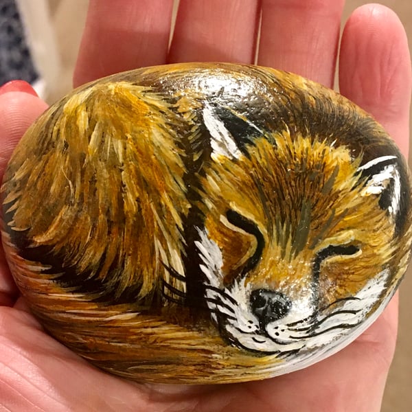 Fox hand painted pebble garden rock art pet stone portrait wildlife painting 