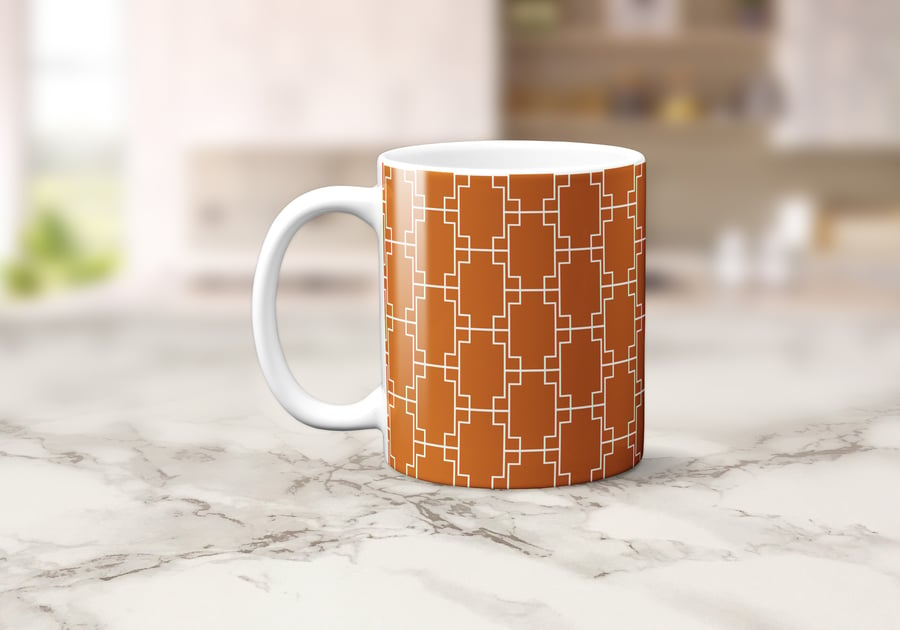 Burnt Orange and White Geometric Design Mug, Tea or Coffee Cup