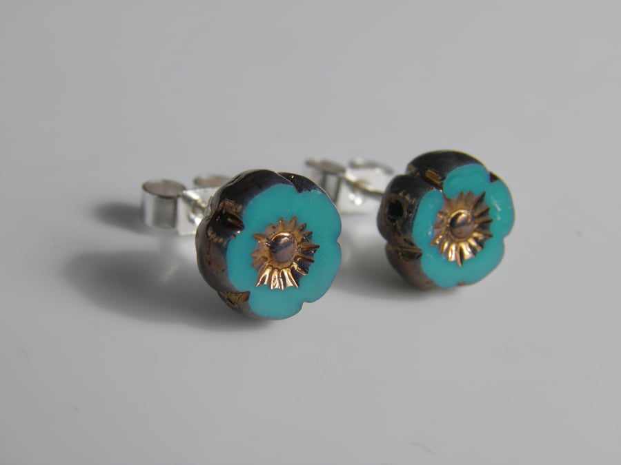 Turquoise Teal & Gold Flower Post Earrings