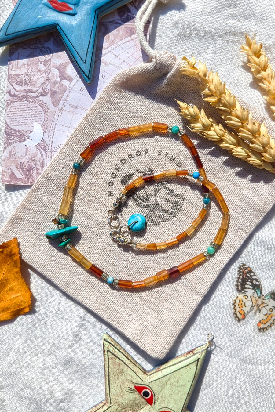 Celestial Sterling Silver Tubular Garnet & Turquoise Gemstone Beaded Necklace 