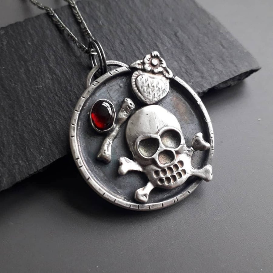 Skull, Heart and Rose Silver Pendant, gothic, steampunk, biker style