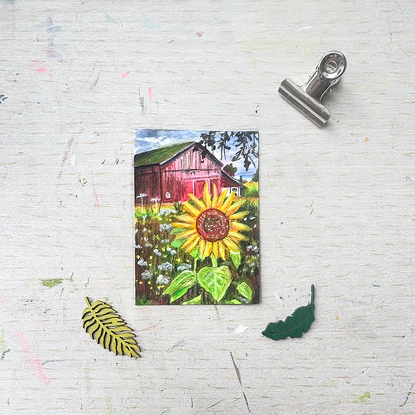 Red Barn Miniature Original ACEO painting - One of a kind