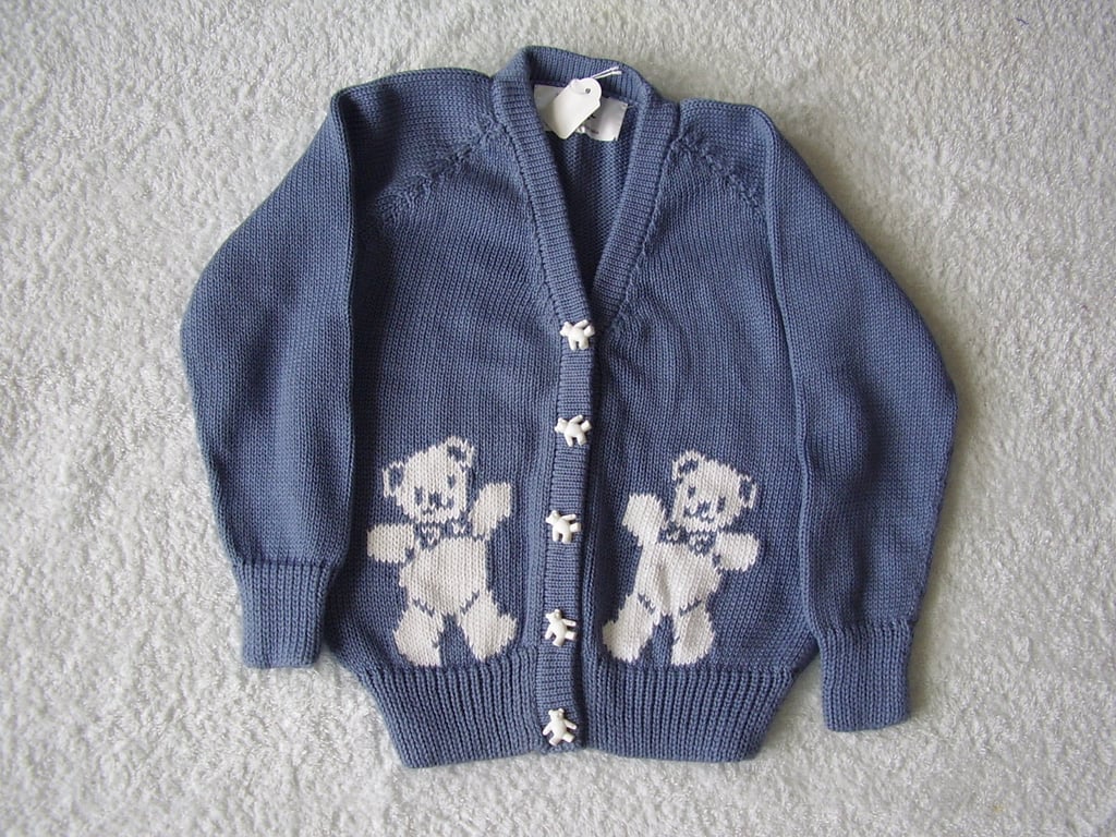 Teddy Bear Cardigan with teddy buttons. Machine wash wool or cotton