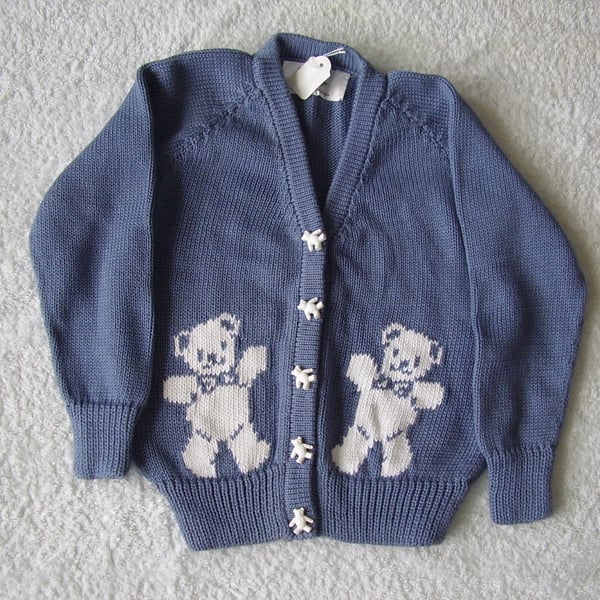 Teddy Bear Cardigan with teddy buttons. Machine wash wool or cotton