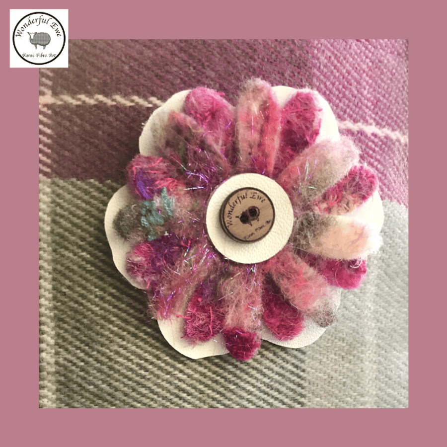 Flower brooch purple pink white floral flower textile fabric brooch accessory
