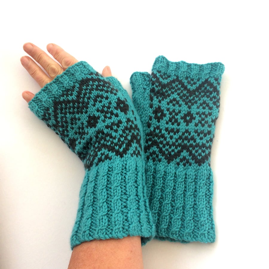 Teal Blue & black hand knit fingerless gloves