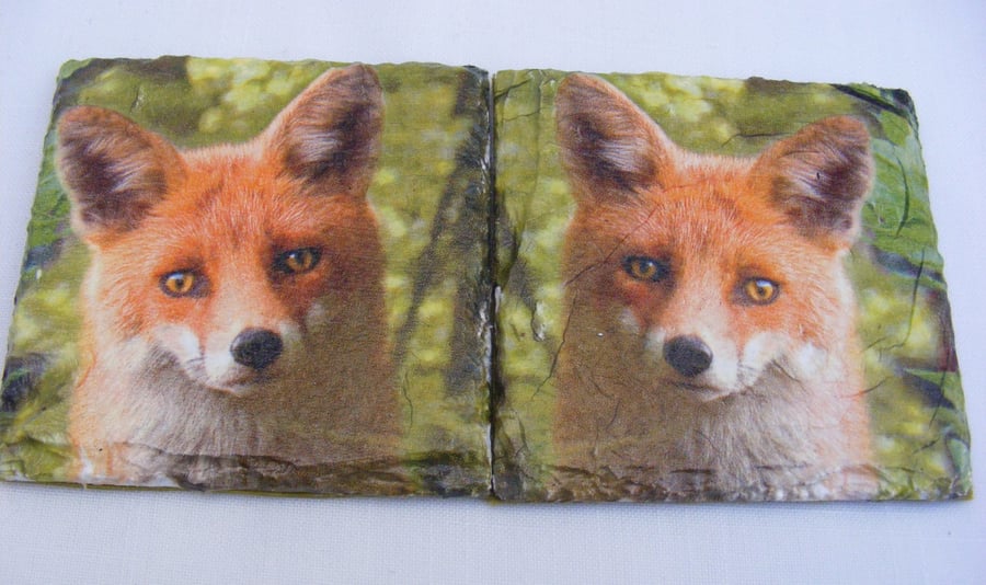 Set of 2 fox decoupaged slate coasters.