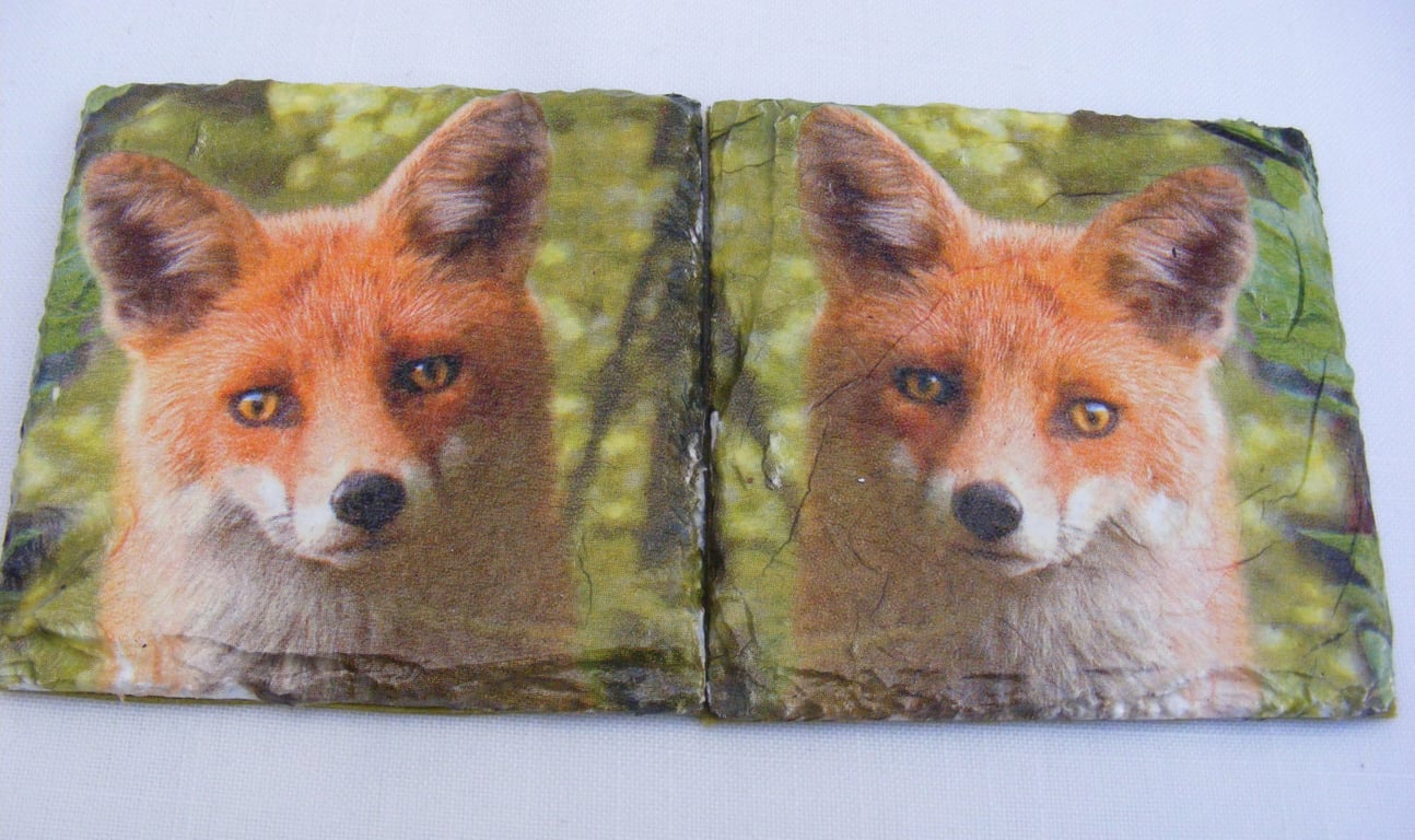 Set of 2 fox decoupaged slate coasters.