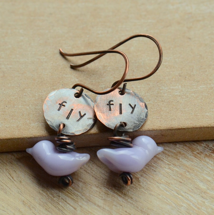 Lilac Purple Lampwork Glass Bird and Hand Stamped Fly Copper Earrings