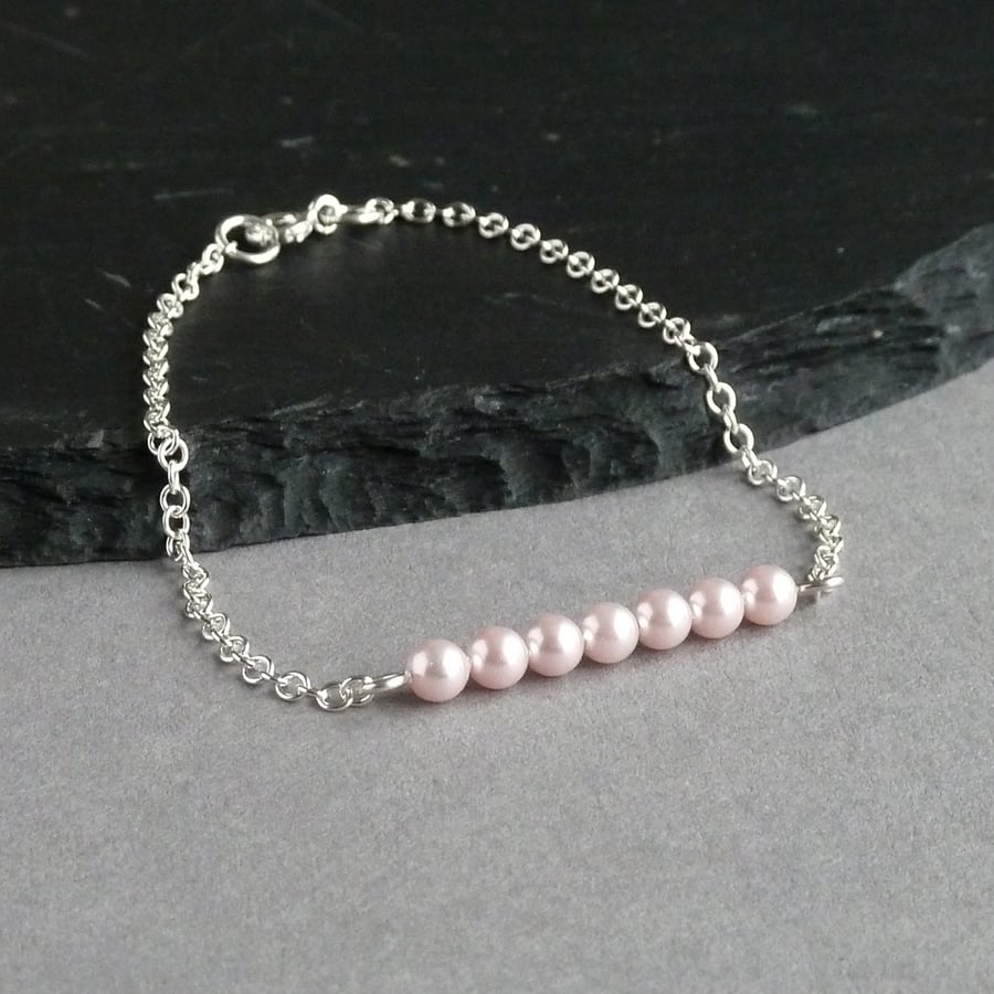 Blush Pink Pearl Bar and Sterling Silver Chain Bracelet - Layering Bracelets
