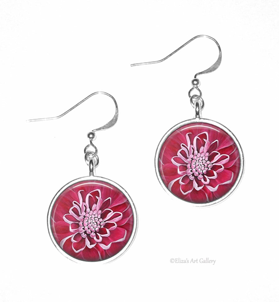 Silver Plated Pink Chrysanthemum Flower Art Earrings