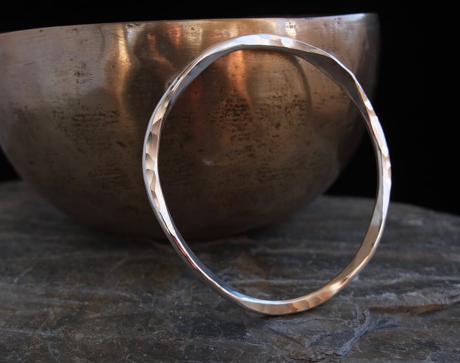Sterling silver wonky bangle - hammered silver bracelet - hallmarked 