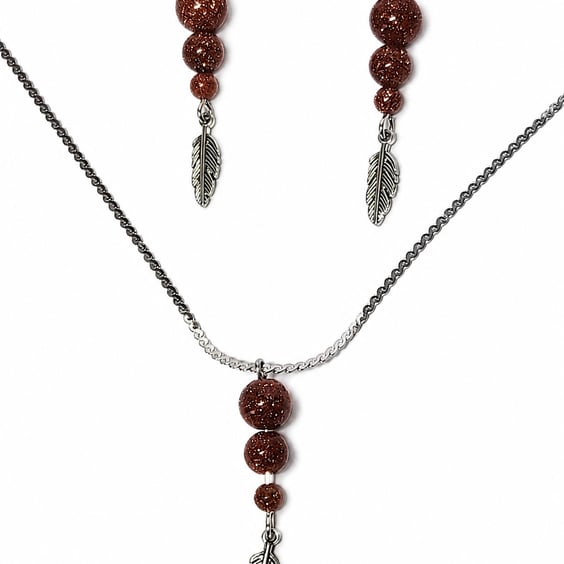 Brown Sandstone Jewellery Set - Stainless Steel Necklace and Earrings