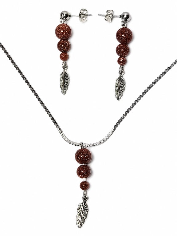 Brown Sandstone Jewellery Set - Stainless Steel Necklace and Earrings