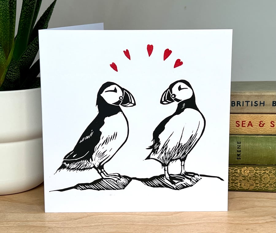 Puffin Lino Printed card 
