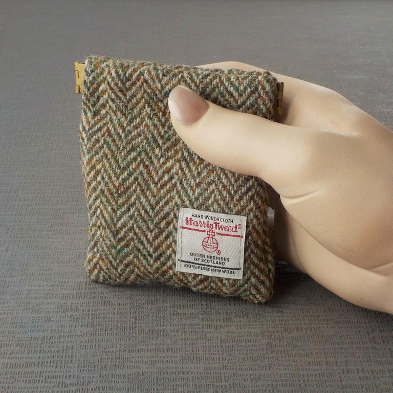 Harris tweed mens purse olive herringbone pocket change flex top coin purse