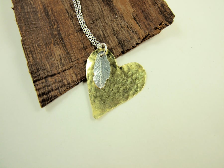 Heart and Feather Pendant Necklace, Brass and Sterling Silver, Angel Feather