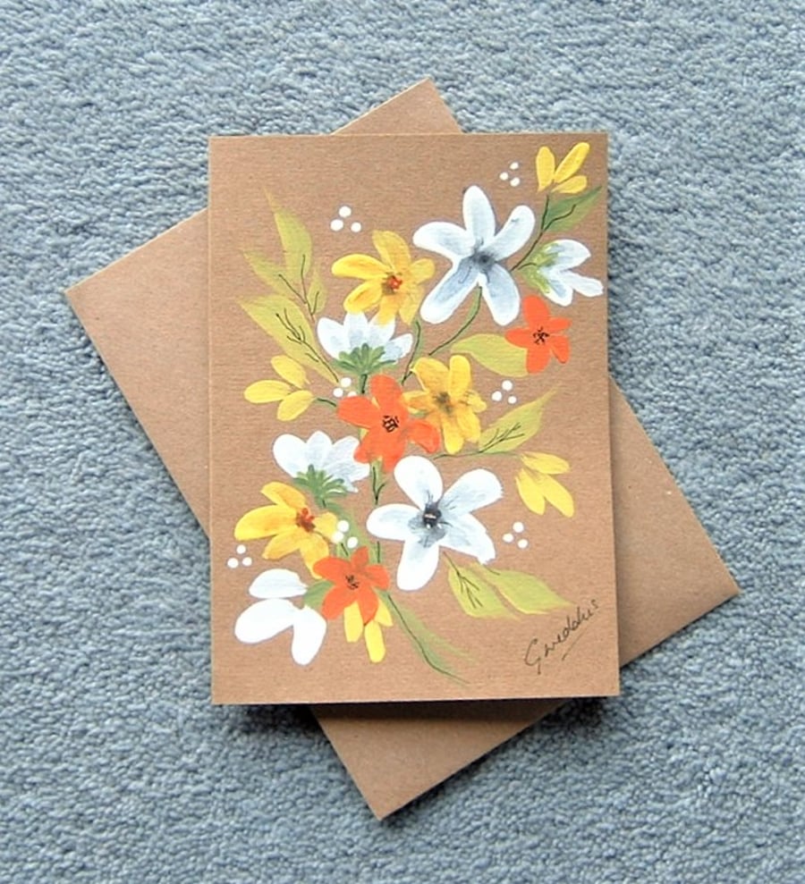 original art hand painted floral greetings card (ref F 34 )