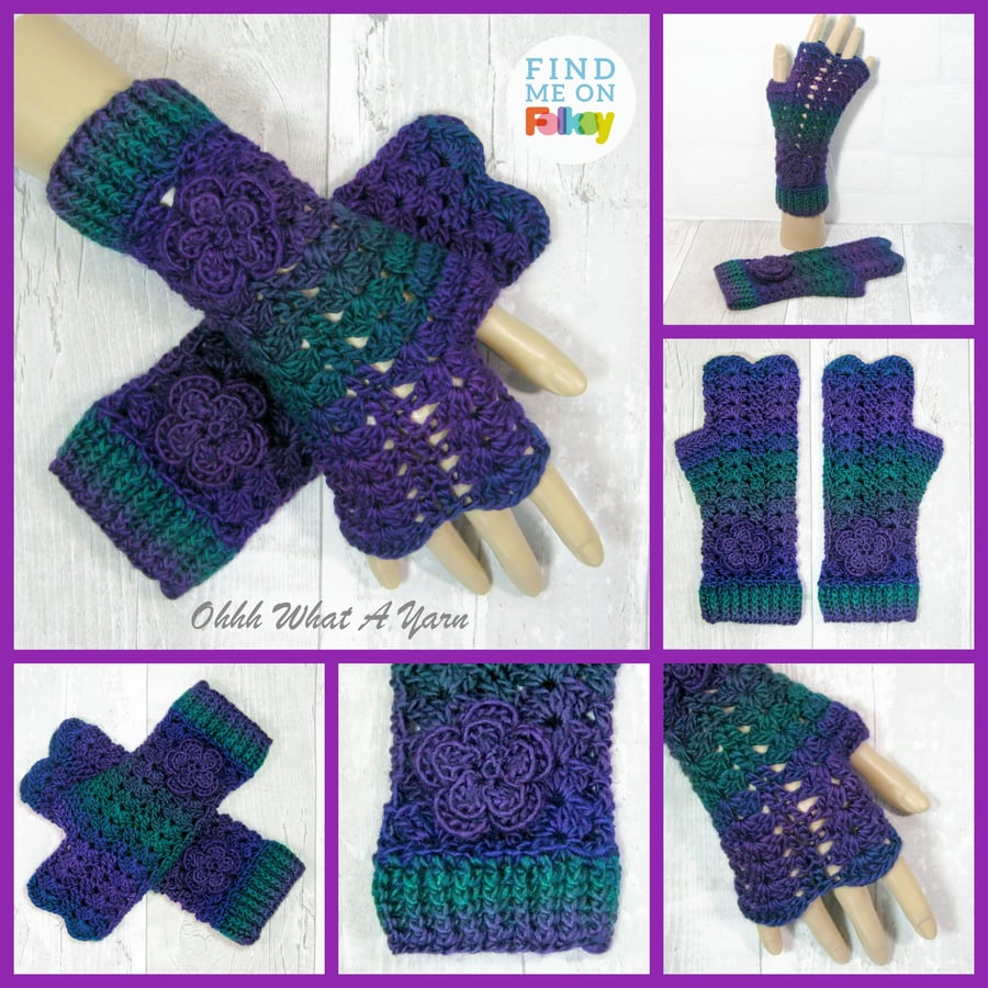 Purple blue and green ladies lacy crochet gloves, finger less gloves.
