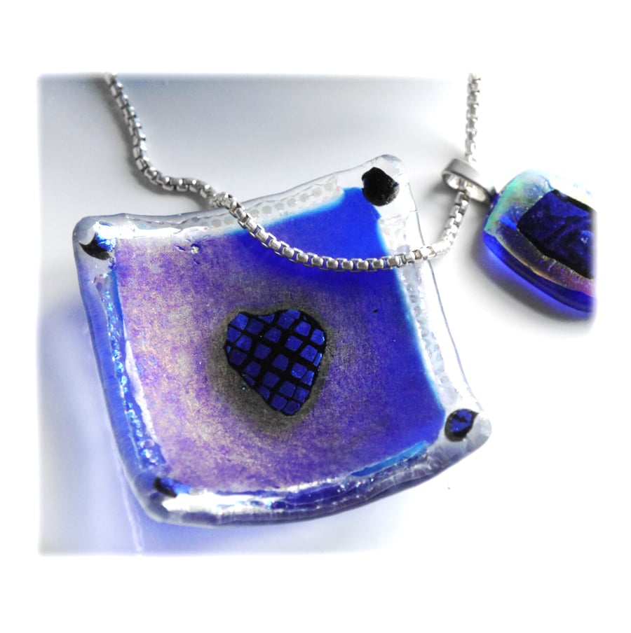 Earring Dish Fused Glass 6cm  004 Blue Dichroic Heart 