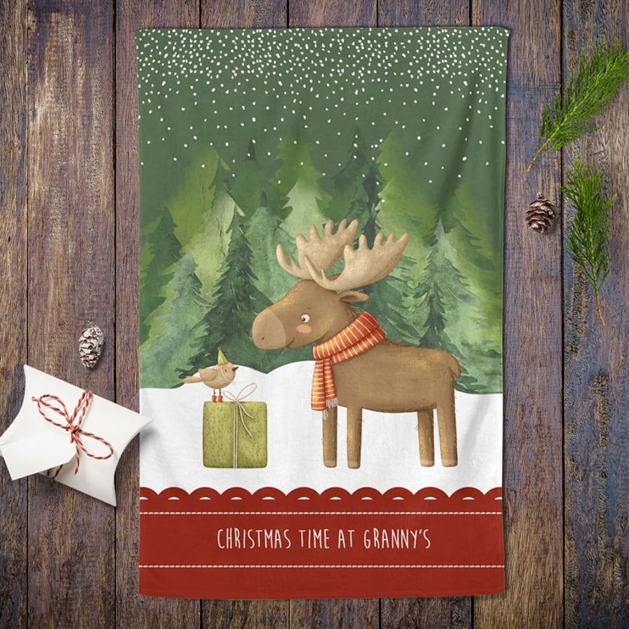 Reindeer Personalised Christmas Tea Towel - 100% cotton Kitchen Gift