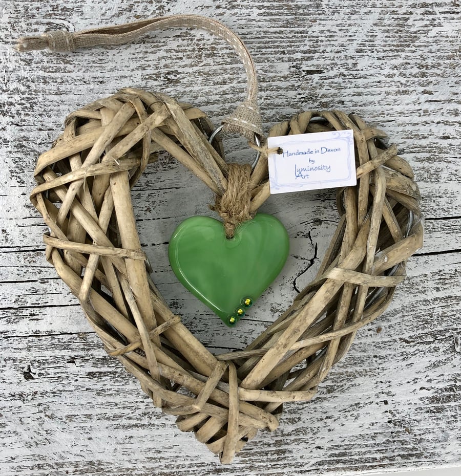 Fused Glass & Wicker Hanging Heart - Green with co-ordinating Ribbon