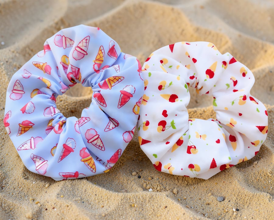 Pack of 2 Hair Scrunchies Ice Cream Blue & White 