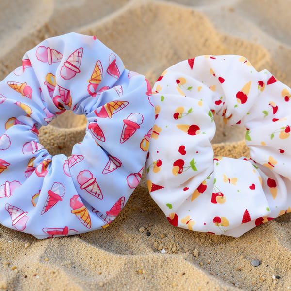 Pack of 2 Hair Scrunchies Ice Cream Blue & White 