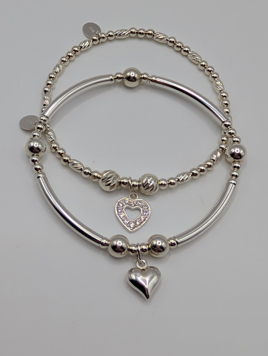Sterling Silver Stretch Bracelet Set With Love Heart Charms