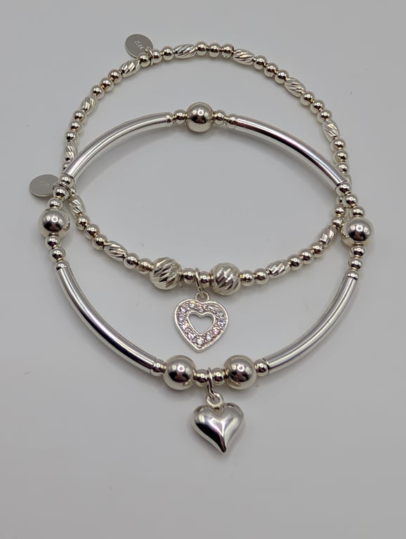 Sterling Silver Stretch Bracelet Set With Love Heart Charms