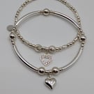 Sterling Silver Stretch Bracelet Set With Love Heart Charms